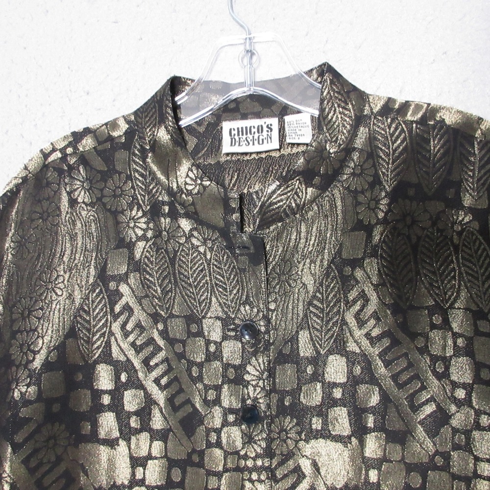 Vintage Chicos Design Top Gold Black Silk Blend Metallic Party Artsy Old Money